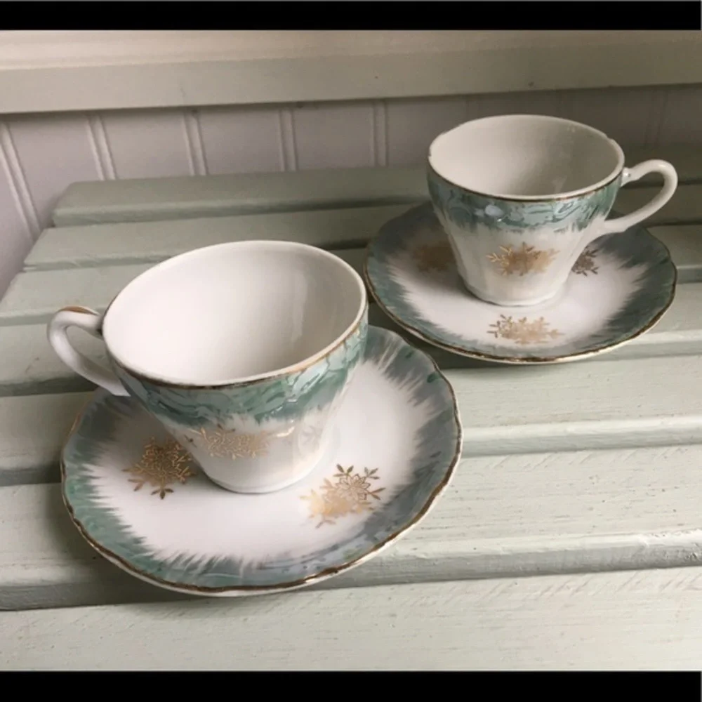 Vintage Demitasse Cups and Saucers Blue & White w/ Gold Trim Accents Set of Two